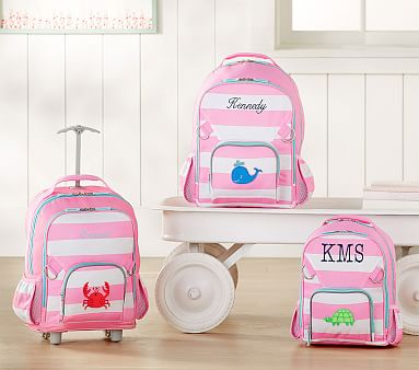 pink and white striped backpack