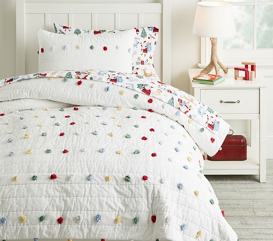 2pc POTTERY BARN KIDS Annabelle Patchwork Twin Quilt Sham Pom Pom multi colors 