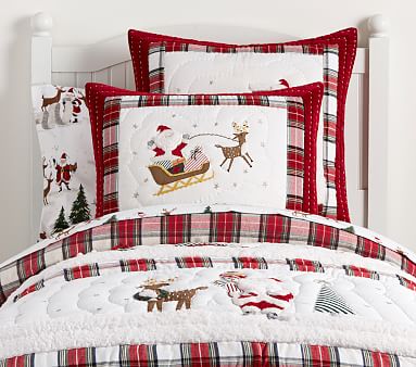 Pottery Barn Kids Heritage Santa Full Queen Quilt Shams Christmas Bedding Set 