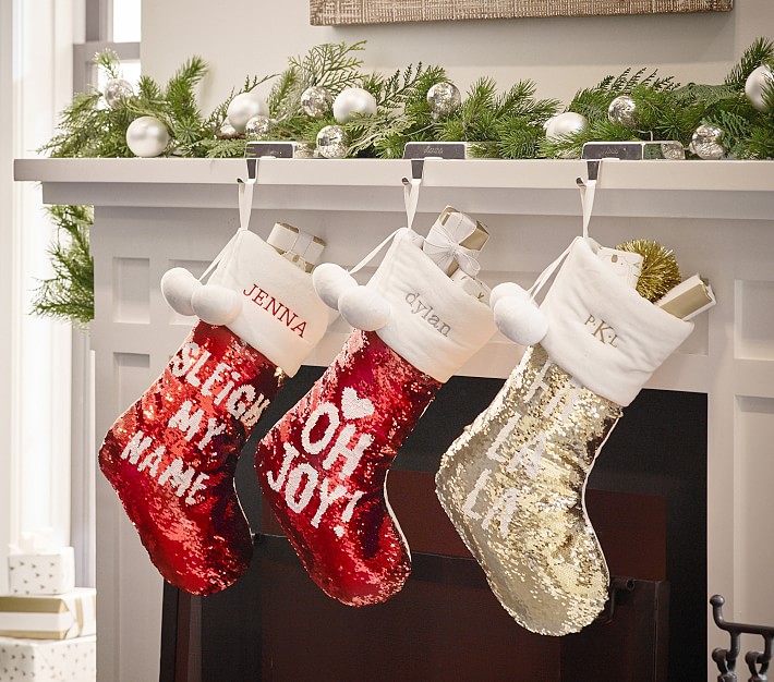 Details about   Pottery Barn Reversible Sequin Stockings Christmas Decor No Mono Teen Set 3 New 