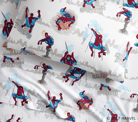 Details about   Pottery Barn Spiderman Twin Sheets Fitted Flat Comics Fabric For Crafts 