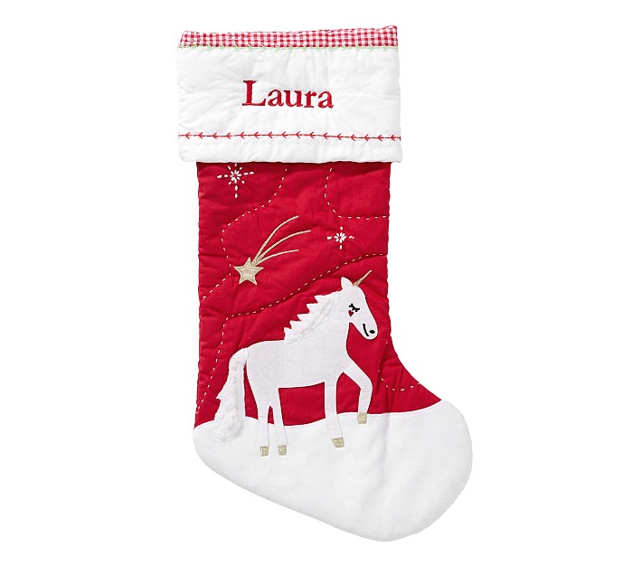 Pottery Barn Kids Christmas Quilted Red Stocking NWT No Mono Unicorn 