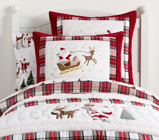 Details about   3pc Pottery Barn Kids Merry Santa Full Queen QUILT Euro sham Christmas Red Jolly 