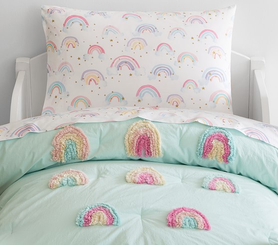 1 Quilt 1 Fitted Sheet +1 Standard Pillowcase Unicorn 4 Pieces Summer Quilted Toddler Bedding Set with Colorful Rainbow Stars Pink Cute Girls 4PC Toddler Bed Set 1 Flat Sheet 