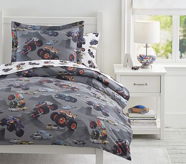 Pottery Barn Kids Autos trucks cars duvet cover only twin red grey navy 