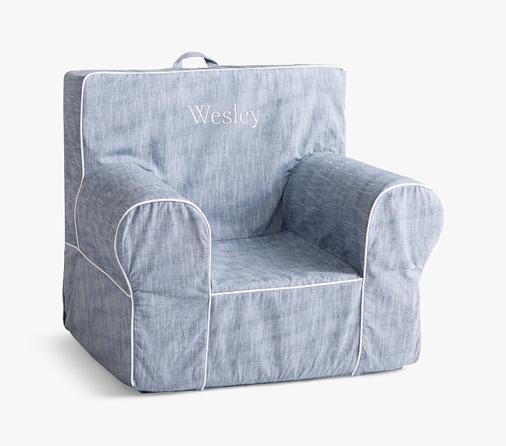 Kids Anywhere Chair Chambray With White Piping Slipcover Only   Chambray With White Piping Anywhere Chair Slipcover Only 1 O 