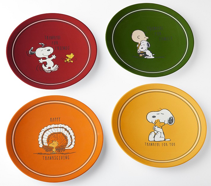 Pottery Barn peanuts snoopy Thanksgiving plate cup placemat fork Holiday set NEW 