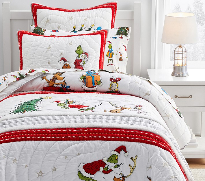 NWT Pottery Barn Kids Dr Seuss Grinch & Max Christmas Flannel Twin Duvet 