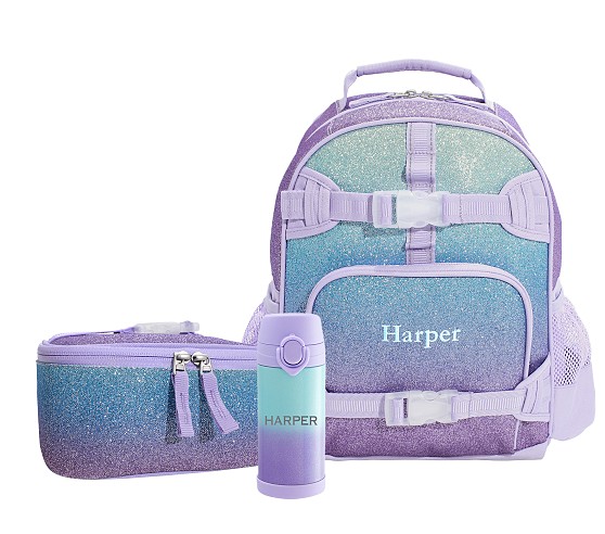 포터리반 가방 + 런치백 + 물통 세트 Potterybarn Mackenzie Lavender Aqua Ombre Glitter Backpack &amp; Lunch Bundle, Set Of 3