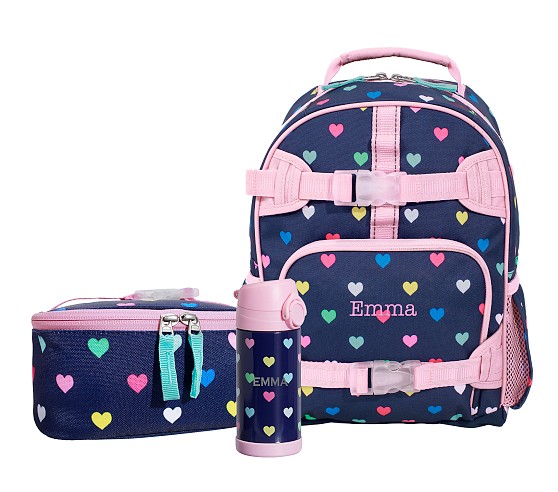 포터리반 가방 + 런치백 + 물통 세트 Potterybarn Mackenzie Navy Pink Multi Hearts Backpack &amp; Lunch Bundle, Set of 3