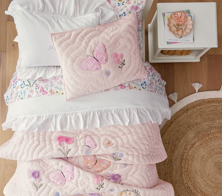Pottery Barn Kids Butterfly Cotton Full Quilt, Throw Pillow 2 Shams Sheet  Set