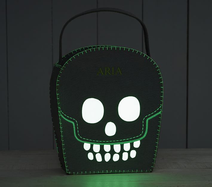 Boy Skull Personalized Glow In The Dark Halloween Tote Treat Bag Black