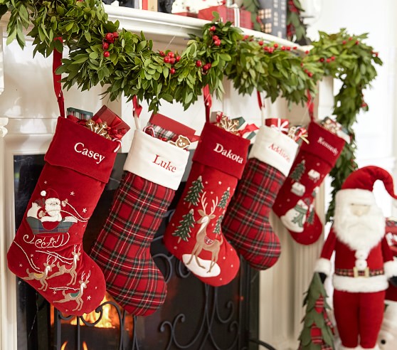 Flying Reindeer Santa Luxe Velvet Christmas Stocking | Pottery Barn Kids