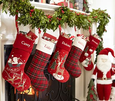 Flying Reindeer Santa Luxe Velvet Christmas Stocking | Pottery Barn Kids