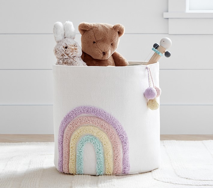 Sewing Basket Medium Embroidered Rainbow
