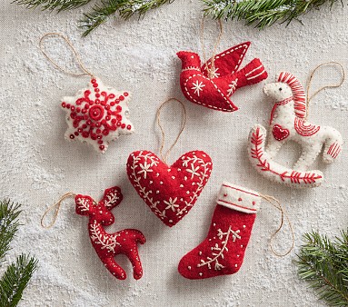 Red & White Felted Wool Ball Ornaments, Set of 6