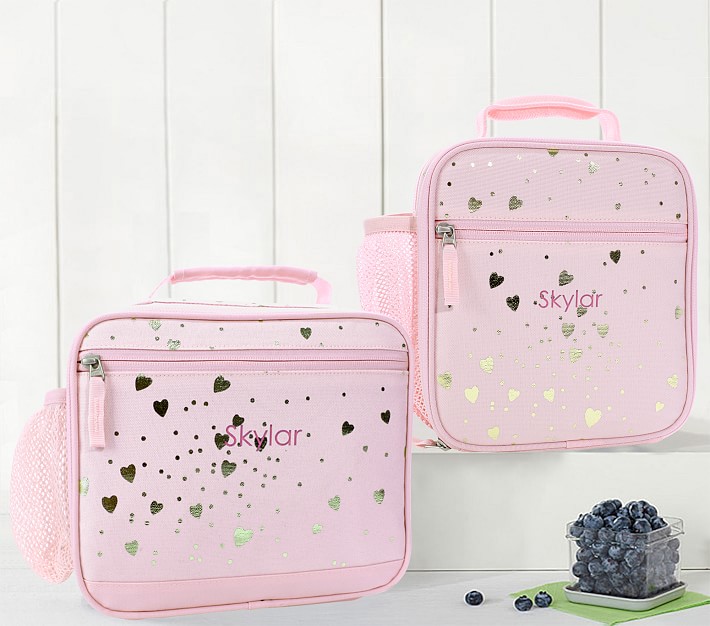 Mackenzie Blush Foil Scattered Hearts Lunch Boxes