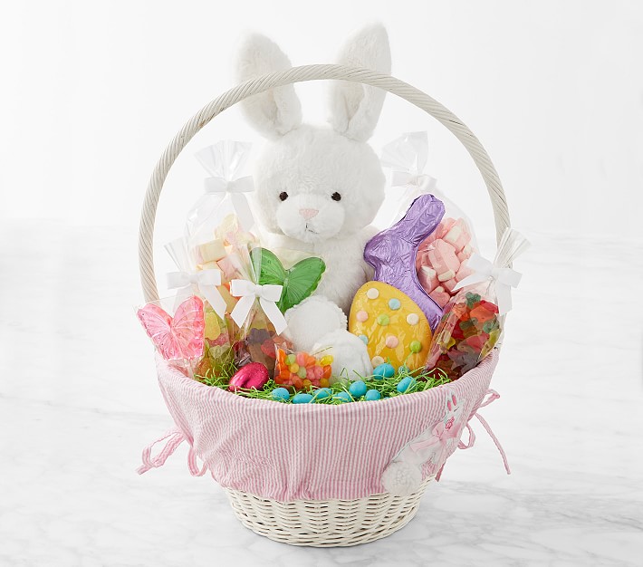 Williams Sonoma &amp; pbk Large Pink Seersucker Applique Bunny Easter Filled Gift Basket
