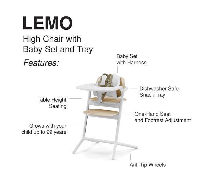 CYBEX LEMO 2 High Chair System, Grows with Child up to 209 lbs, One-Hand  Height and Depth Adjustment, Anti-Tip Wheels Safety Feature - All White