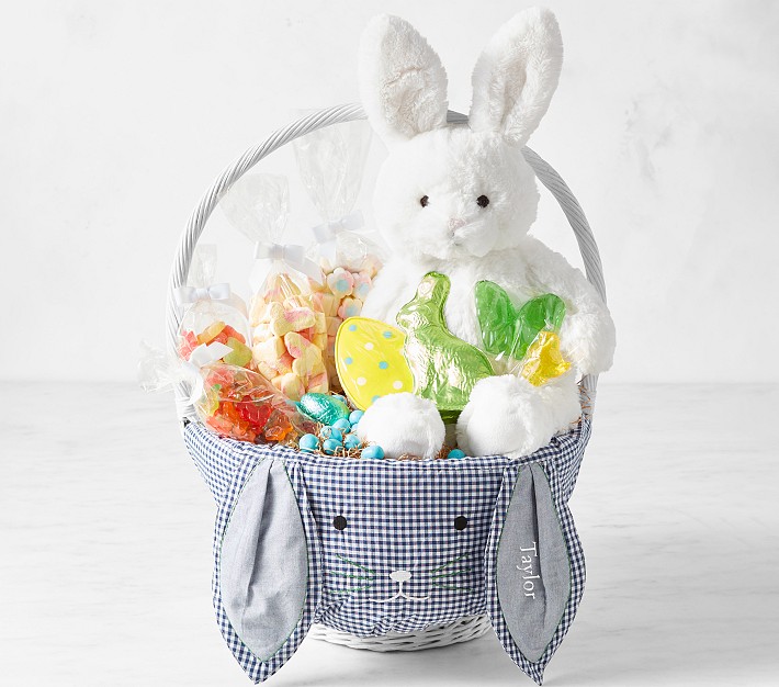 Williams Sonoma &amp; pbk Large Navy Gingham Bunny Face Easter Filled Gift Basket