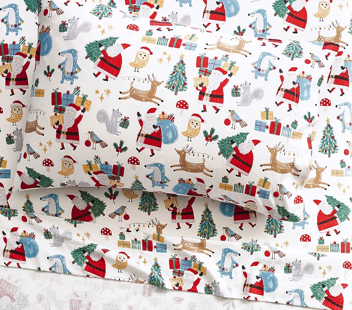 Flannel Woodland Santa Organic Sheet Set &amp; Pillowcases