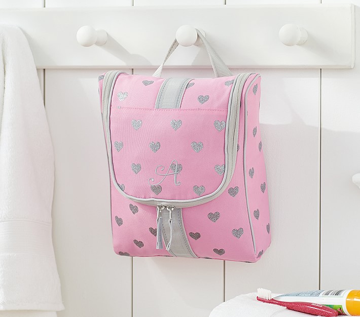 Mackenzie Pink Glitter Heart Toiletry Bag