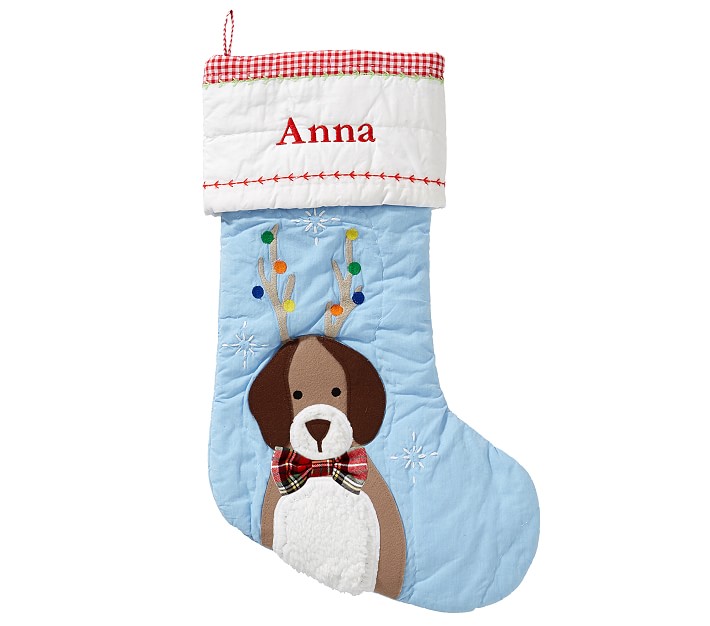 Dog With Antlers Blue Quilted Stocking