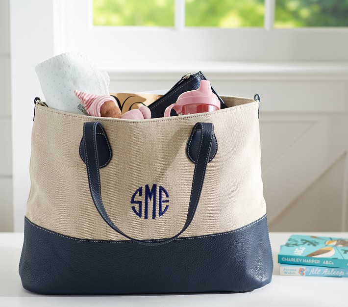 Navy Canvas Leather Tote