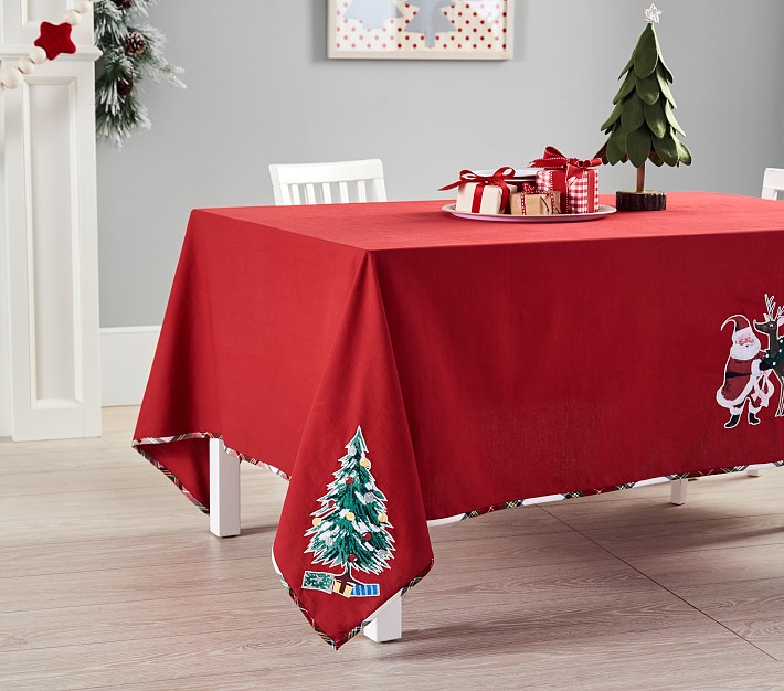Jolly Santa Plaid Trim Tablecloth