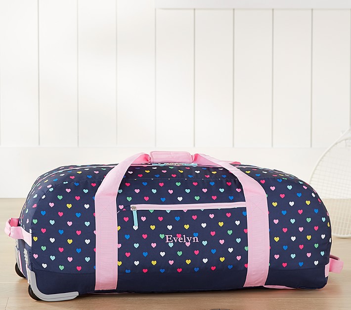 Mackenzie Navy Pink Multicolor Hearts Extra Large Rolling Duffle Bag