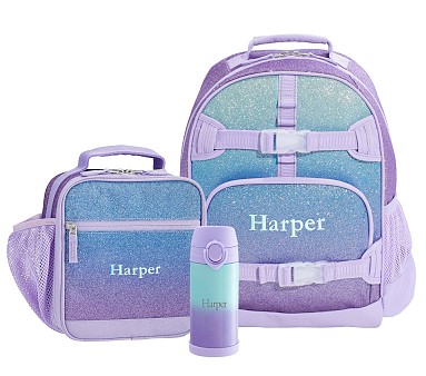 Lavender Aqua Ombre Sparkle Glitter RPET Bundle Small Backpack Classic Lunch 12oz Water Bottle