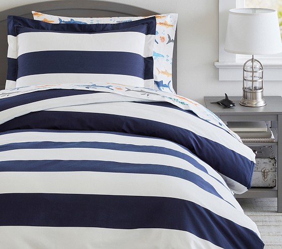 Custom Rugby Striped Duvet Bedding Set-Monaco Blue and White-Customize Colors You Want-Daybed-Twin XL-Full/Queen-King-Preppy Home Decor-Size newest