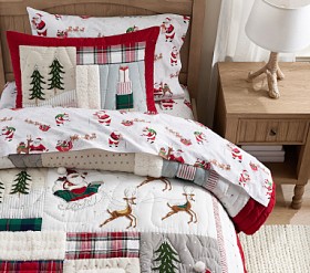 Pottery good Barn Kids Flannel Skating Santa Organic Twin Duvet Cover NEW