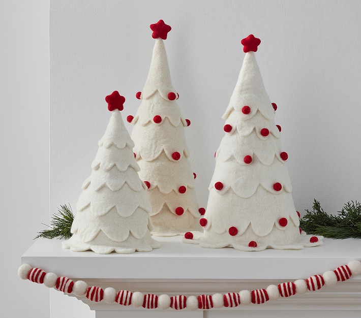 Red &amp; White Scalloped Felt Trees, Set of 3