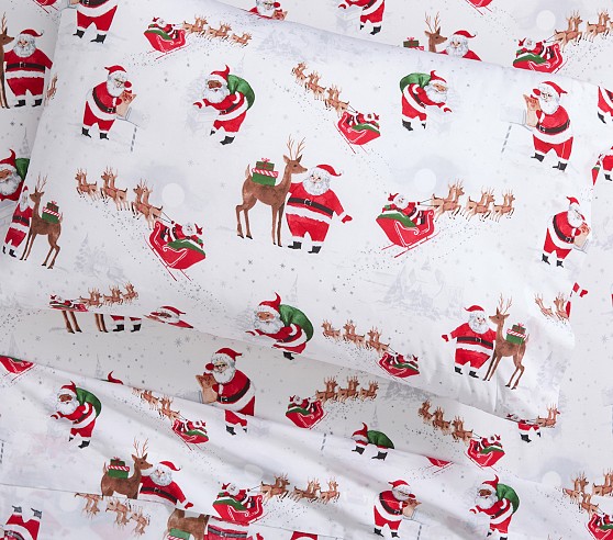 Pottery Barn Kids Organic Heritage Santa Sheet Set Standard Pillowcase White Black Santa