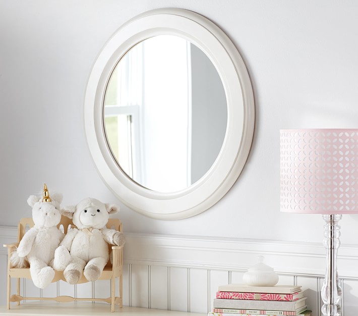 Distressed White Wood Round Mirror