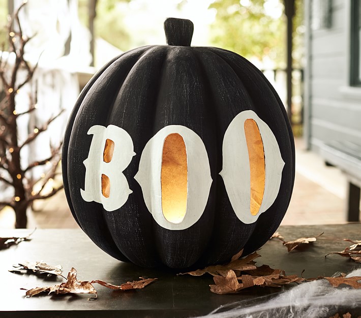 Large Black Pumpkin with Boo Luminary