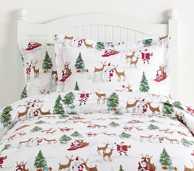 Pottery good Barn Kids Flannel Skating Santa Organic Twin Duvet Cover NEW