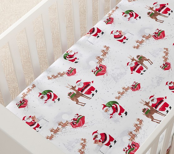 Organic Flannel Heritage Santa Crib Sheets Pottery Barn Kids