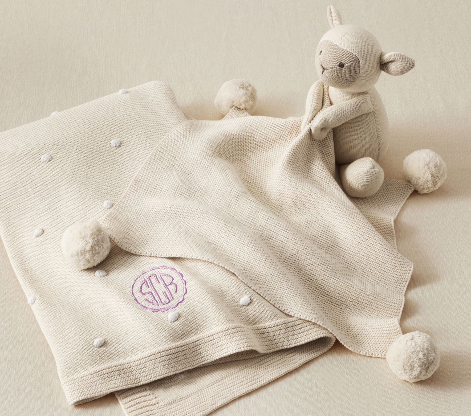 Alt image 1 for Cotton Sweater Knit Baby Blanket and Lamb Thumbie Set