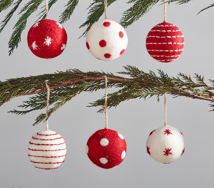 Red &amp; White Felted Wool Ball Ornaments, Set of 6