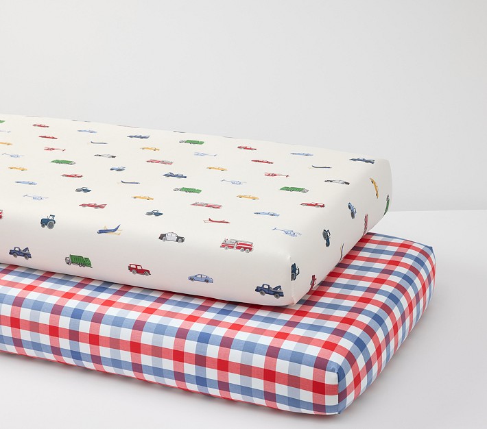 Trace Transportation and RedBlue Gingham Crib Fitted Sheets, Set of 2