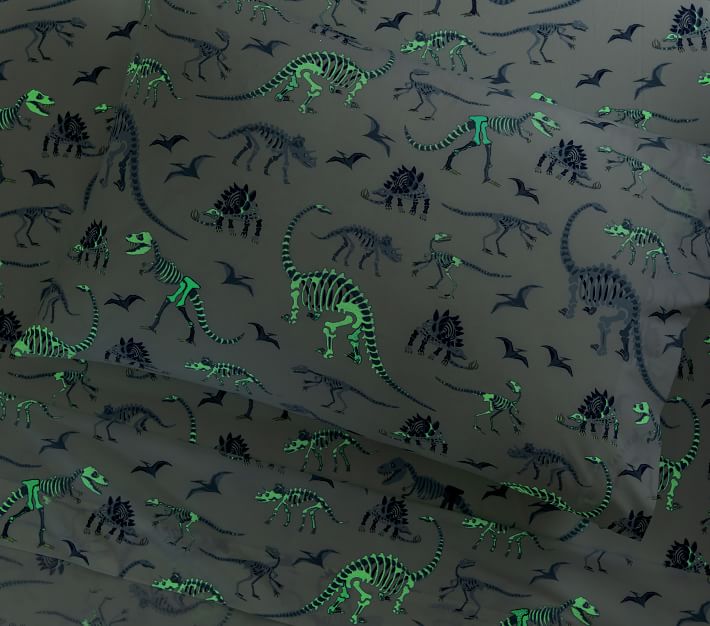 Pottery Barn FULL Sheet sold Set & Pillow Cases - Dino Bones Glow In The Dark