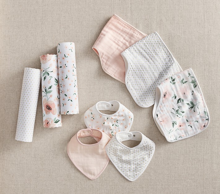 Meredith Floral Organic Muslin Bib, Burp and Swaddle Set