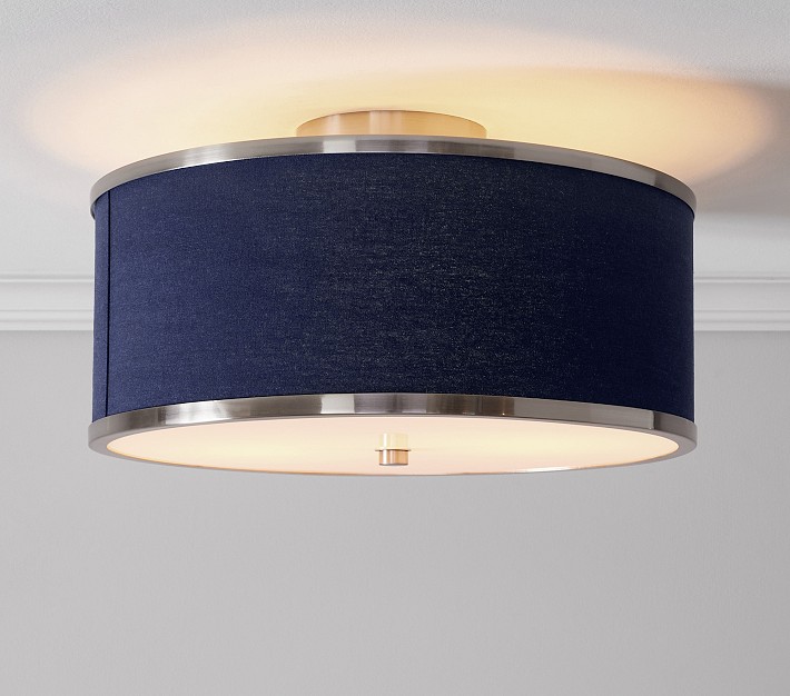 Linen and Nickel Drum Flush Mount (16&quot;)