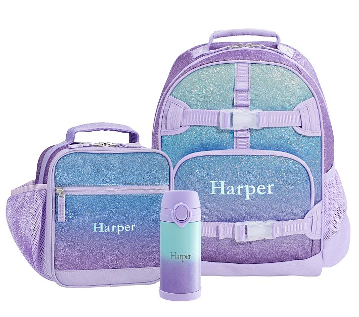 Mackenzie Lavender Aqua Ombre Glitter Backpack &amp; Lunch Bundle, Set Of 3