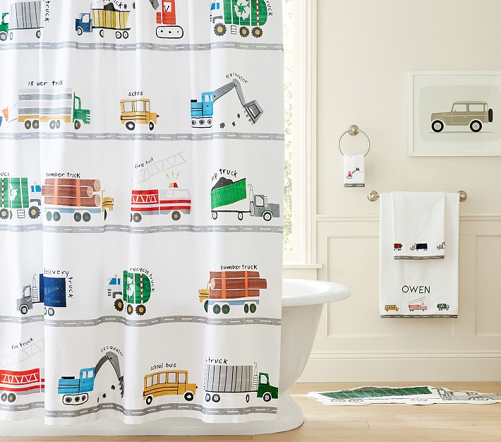 Busy Trucks Towel Bath Set - Towels, Shower Curtain, Bath Mat