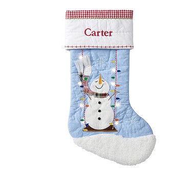 Swinging Snowman Blue Light-Up Quilted Christmas Stocking