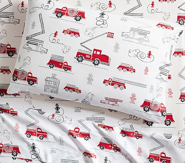 Firetruck Cotton Sheet Set, Twin, White Multi
