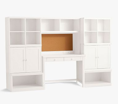 Cameron Desk + Tech Hutch + 2 Cubbies + 2 Cabinets + 2 Open Bases, Simply White, Parcel